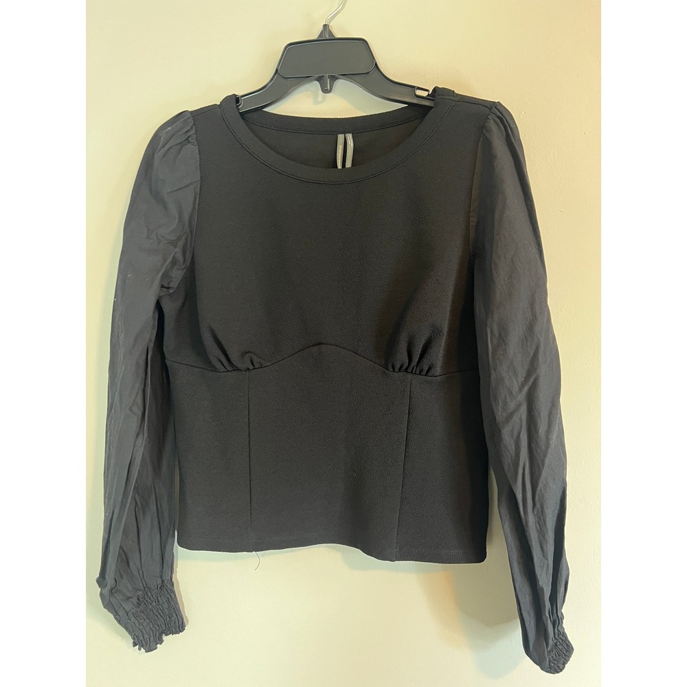 Anthropologie Black Mixed Media Puff Sleeve Empire Waist Top OB1622621 Size M - Picture 1 of 5